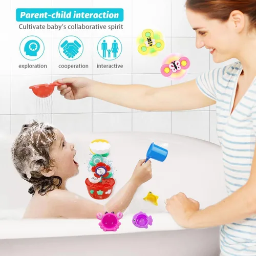 Miniatura 4 de Juguetes de baño para niñas para niños de 1 a 3 años Mesa de agua con ventosa y rotación Juguetes de bañera para niños pequeños con tazas apilables