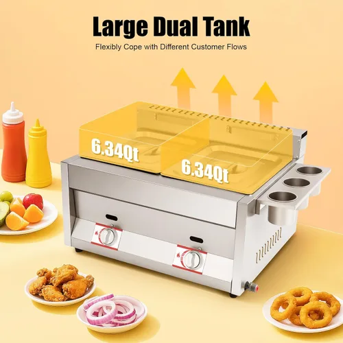 Miniatura 5 de Freidora comercial de gas, 2 freidora de gas de acero inoxidable de 6.34 cuartos de galón, freidora de gas con 2 cestas para restaurantes y puestos