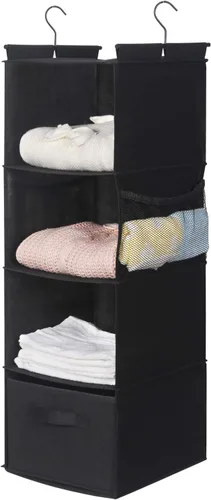Miniatura 2 de MAX Houser Organizador de armario colgante de 4 estantes, ahorro de espacio, estantes colgantes de tela con 2 bolsillos laterales, plegable (negro)