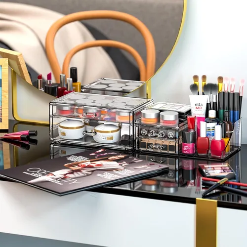 Miniatura 2 de SUOXING Organizador de Maquillaje Acrílico Transparente para Tocador, Baño, Cómoda, Organizadores de Maquillaje de 4 Cajones para Mostrador