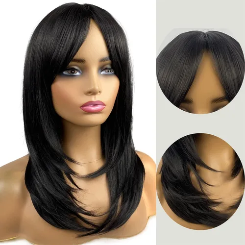 Miniatura 2 de Pelucas largas negras para mujer, pelucas negras con flequillo, peluca sintética de longitud al hombro en capas para fiestas diarias (20 pulgadas)