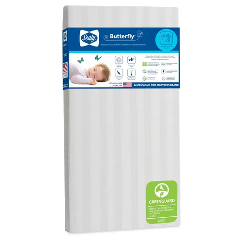Sealy Baby Colchón para cuna con diseño de mariposa y ajuste de cama infantil, espuma americana de primera calidad, lavable y fácil de limpiar, Raya