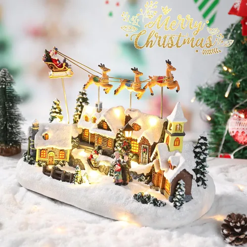 Miniatura 9 de Bdor - Decoración Navideña Iluminada con Música, Diseño de Pueblo Navideño, Figura Coleccionable de Papá Noel y Ciervo, Funciona