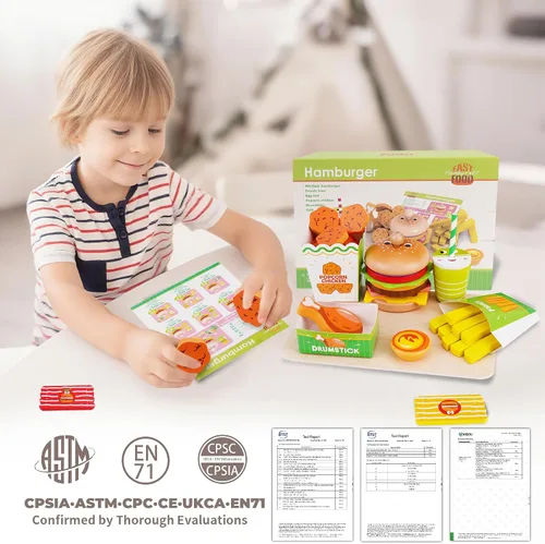 Miniatura 7 de Montessori Toys - Juego de comida de juguete para niños de 3, 4 y 5 años, cocina de madera de juego de comida rápida con hamburguesas, papas fritas