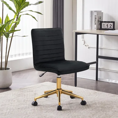 Miniatura 7 de Furnimart Silla de Escritorio Giratoria Negra sin Brazos con Ruedas, Pequeña Silla de Oficina en Casa Tapizada en Terciopelo, Silla Ajustable