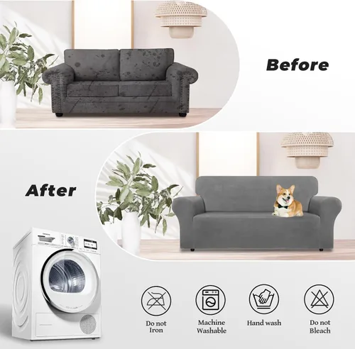 Miniatura 5 de WEERRW Funda de sofá de terciopelo, funda de sofá de alta elasticidad con espuma antideslizante y parte inferior elástica, protector de muebles
