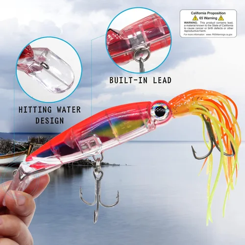 Miniatura 5 de Señuelos de pesca de calamar con cola de pulpo - Cabeza de anzuelo con luz de plástico suave - Kit de cebo para pesca de trucha y lubina