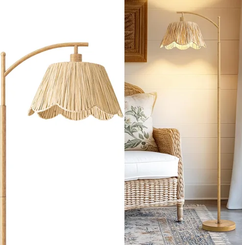 Miniatura 10 de Oneach Lámpara de pie arqueada para sala de estar, lámpara de pie de ratán boho con pantalla tejida a mano, interruptor a pedal, base y poste de Oro