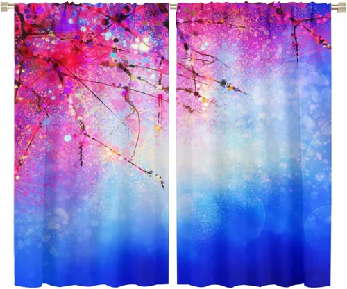 Miniatura 24 de Cortinas opacas con diseño floral de galaxia azul abstracta para dormitorio, cortinas de ventana de teñido anudado con diseño de flor de cerezo