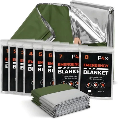 PREPARED4X Paquete de 8 mantas Mylar – Manta de emergencia impermeable – Equipo de supervivencia resistente a rasgaduras y desgarros – Manta térmica