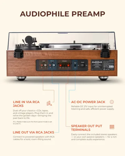 Miniatura 6 de QLEARSOUL HiFire X - Reproductor de discos de vinilo, sistema de tocadiscos de alta fidelidad audiófilo con altavoces de estantería de 100 W