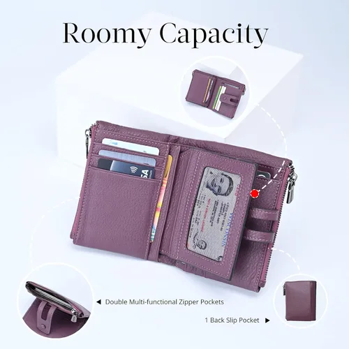 Miniatura 2 de Bveyzi - Billetera pequeña de cuero suave para mujer con bloqueo RFID, tarjetero para damas con doble bolsillo con cremallera