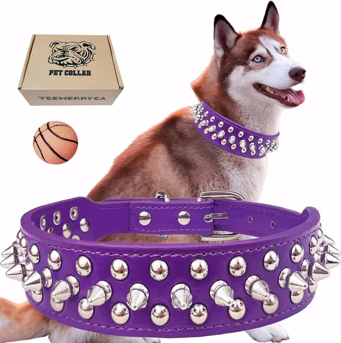 TEEMERRYCA - Collares ajustables de piel sintética con tachuelas para perros, con pelota chillona de regalo, para mascotas pequeñas, medianas y