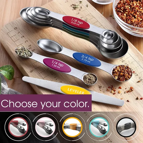 Miniatura 6 de Spring Chef Juego de 8 cucharas medidoras magnéticas de acero inoxidable multicolor con nivelador, cucharadita de metal anidable y cucharadas Varios