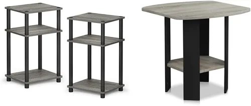 Furinno Just - Mesa auxiliar Turn-N-Tube de 3 niveles, mesita de noche, mesita de noche con postes de plástico, paquete de 2, roble francés