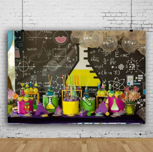 Miniatura 4 de AOFOTO Telones de fondo creativos de 6 x 4 pies para fotos, química, pizarra, tubos de ensayo, globos, pasteles, dulces, fotografía, fondo de niño