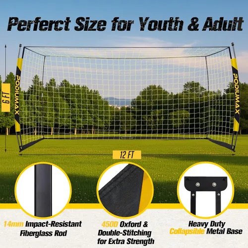 Miniatura 2 de PodiuMax Portería de fútbol de 12 x 6 pies para jóvenes adultos, portería de fútbol portátil resistente para patio trasero, red fácil de instalar