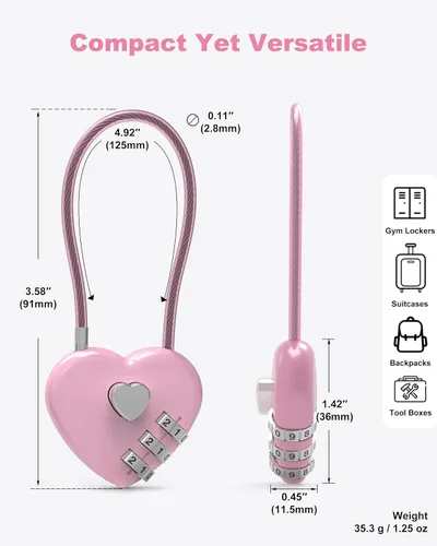 Miniatura 3 de Candado de combinación pequeño para casillero, cerradura de cable con código, combinación de candado rosa, para equipaje, maleta, casillero