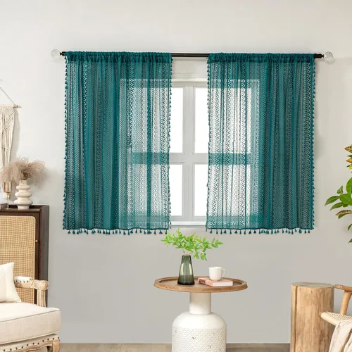 Miniatura 34 de WAZZIO Cortinas de Encaje, Cortina Boho de Crochet para Dormitorio, Cortinas de Café de Algodón, 45 Pulgadas de Largo, 2 Paneles con Bolsillo