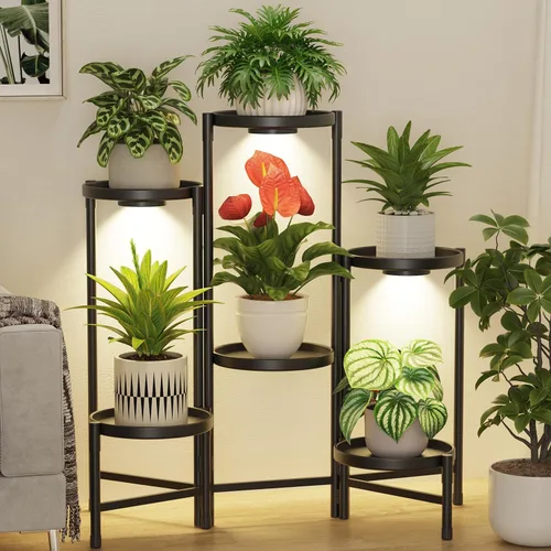 Miniatura 14 de LASZOLA Soporte plegable para plantas de interior de 7 niveles para múltiples macetas grandes, estante ajustable alto y resistente con bandeja de 10
