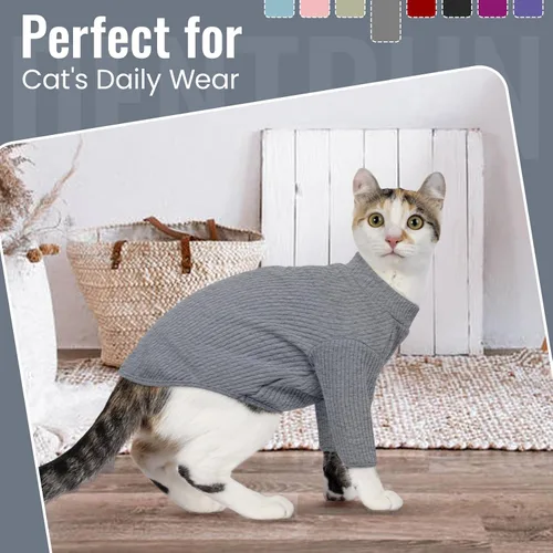 Miniatura 9 de DENTRUN Sphynx Camisas para Gatos Sin Pelo Suéter Pullover Camisetas para Gatitos, Ropa para Gatos Transpirable Suéter de Cuello Alto Adorable Ropa