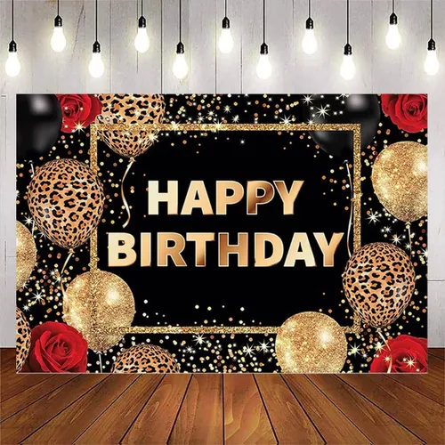 Miniatura 7 de Telón de fondo de feliz cumpleaños con estampado de leopardo negro y dorado, globos de guepardo, fondo de fotografía de rosa roja, para mujeres