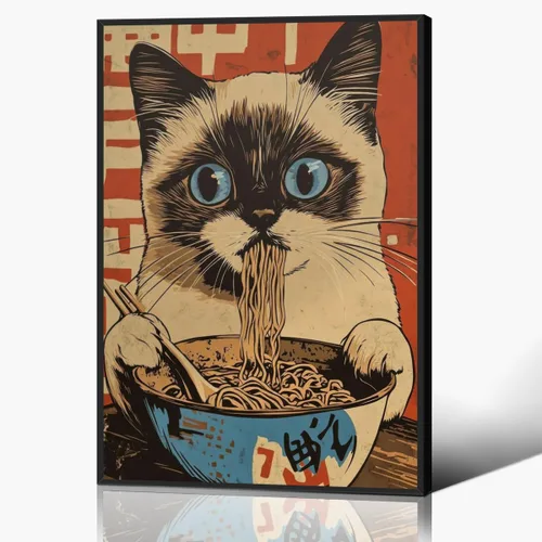 Miniatura 11 de Arte de pared vintage de gato japonés en lona, póster de gato negro peculiar comiendo ramen, impresión de arte retro de animales divertidos