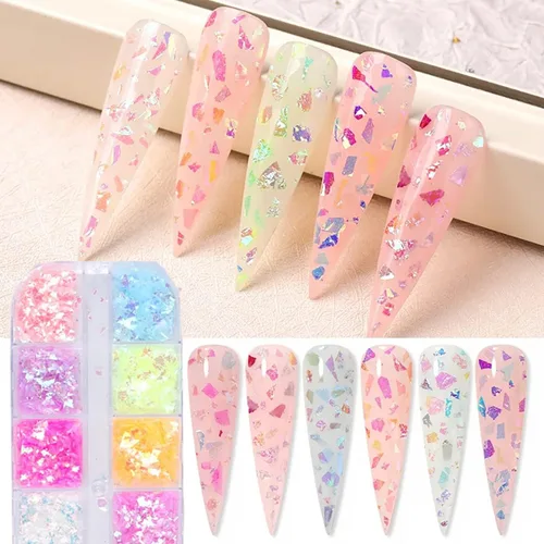 Miniatura 4 de 12 rejillas de lentejuelas de uñas con purpurina, lentejuelas de uñas de acrílico 3D holográficas, copos de uñas de sirena irregulares, lentejuelas