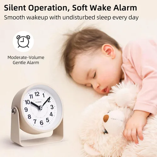 Miniatura 6 de Reloj de alarma analógico TIMESS, silencioso, de cuarzo sin tictac, funciona con pilas, con función de repetición y luz bajo demanda, fácil