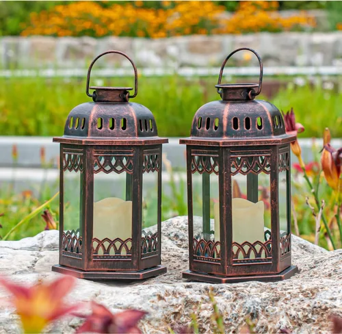 Miniatura 6 de Paquete de 2 faroles solares de bronce, faroles colgantes retro ornamentados con asa, linterna para exteriores con vela LED parpadeante, 6.60 x 6.60