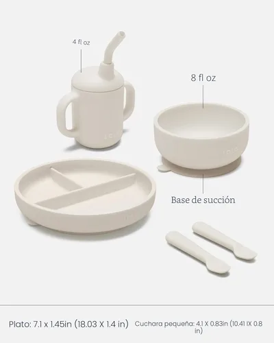 Miniatura 5 de Lalo First Bites - Juego de alimentación de silicona para bebés, suministros de destete para bebés, silicona no tóxica, incluye 1 babero, 2 Avena