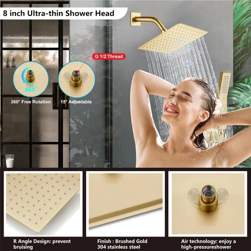 Miniatura 3 de Midanya Juego de grifo de ducha, sistema de ducha de montaje en pared con cabezal de ducha de lluvia cuadrado y rociador manual, cuerpo de válvula