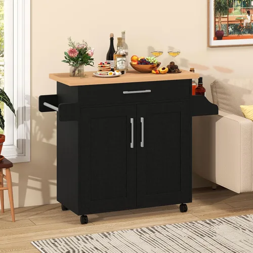 Miniatura 9 de Giantex Isla de cocina, carrito de cocina rodante con estante para especias y toallero, cajón grande y armario de almacenamiento de 2 puertas