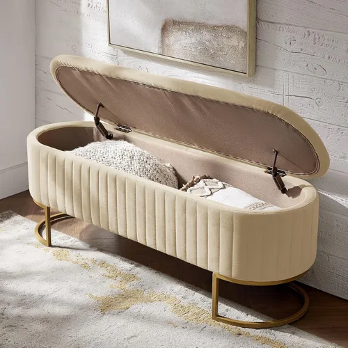 Miniatura 9 de EcoHarbor Living Banco de almacenamiento de 50.5" para pasillo, otomano tapizado con extremo de cama de terciopelo con patas doradas, reposapiés