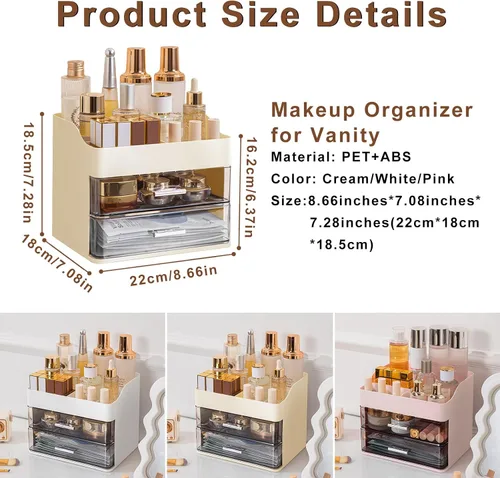 Miniatura 8 de DASITON Organizador de maquillaje con 2 cajones, organizador de cosméticos de maquillaje de gran capacidad para tocador, tocador de baño