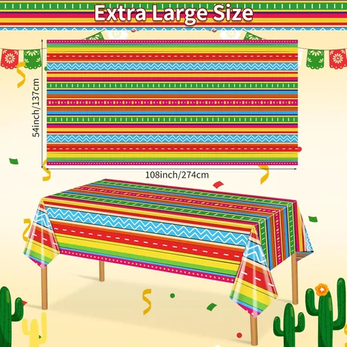Miniatura 6 de 3 piezas de mantel de fiesta mexicana de 54 x 108 pulgadas, decoración de fiesta de Cinco de Mayo, mantel de taco nocturno de cumpleaños, mantel