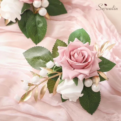 Miniatura 6 de Serwalin Conjunto de Corsage y Boutonniere Rosa, Corsage y Boutonniere de Graduación, Conjunto de Flores de Boda, Accesorios de Homecoming