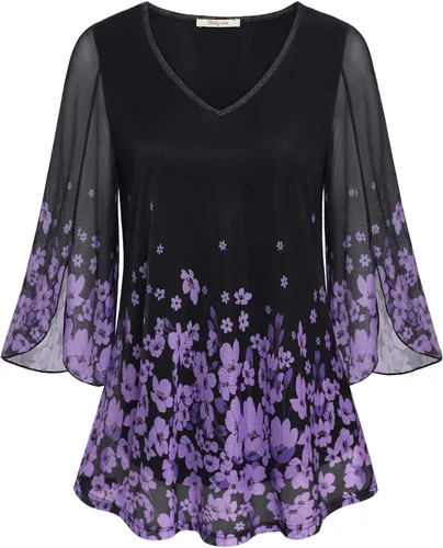 Bebonnie - Blusas tipo túnica para mujer, con manga 34 con volantes, cuello en V, de malla de doble capa y corte holgado