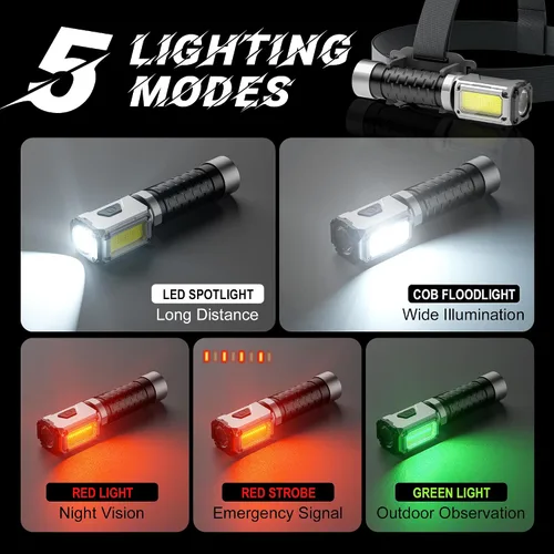 Miniatura 5 de Linterna Anhay Recargable 2000LM Linterna EDC con Luz Roja Verde 5 Modos Linterna LED Brillante Linterna Magnética Potente y Mini Linterna