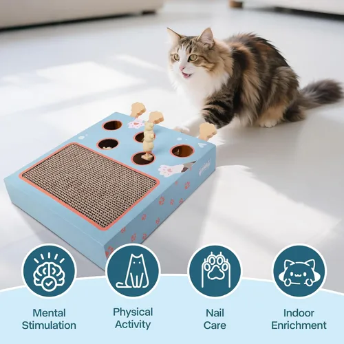 Miniatura 4 de PAWISE Juguete rascador interactivo para gatos, tablero rascador de cartón 3 en 1 y caja de juguetes interactiva de rompecabezas para gatos