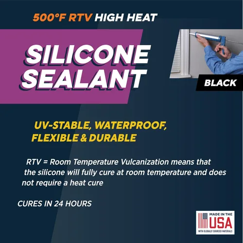 Miniatura 4 de Sellador de silicona RTV Rutland 500°F de alta temperatura, negro, fabricado en EE. UU., adhesivo para juntas de alta temperatura, estable a