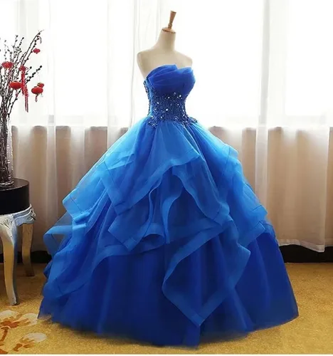 Miniatura 2 de Fair Lady Vestido de fiesta largo con volantes vestido de fiesta vestidos de quinceañera sin tirantes de encaje de tul con cuentas vestido de noche