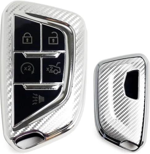 Miniatura 8 de iJDMTOY Funda para llavero de silicona suave con patrón de fibra de carbono negra compatible con Cadillac CT5 CT6 XTS XT4 XT5 ATS 2020 en adelante