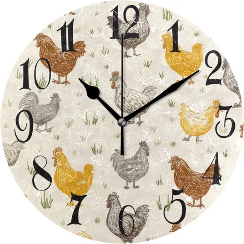 ALAZA Rooster - Reloj de pared redondo amarillo de pollo, sin tictac, funciona con pilas, reloj decorativo para sala de estar, hogar, oficina