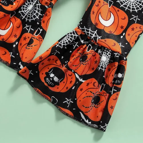 Miniatura 5 de Hnyenmcko Conjunto de ropa de Halloween para bebé niña, camiseta de manga larga con letras y pantalones de campana de calabaza con diadema, 3