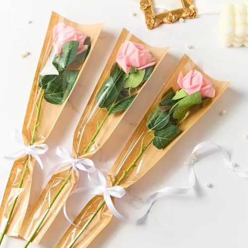 Miniatura 3 de Mauproy Paquete de 50 fundas de rosas individuales, bolsas de flores individuales, bolsas de papel kraft con cintas para graduación, barras