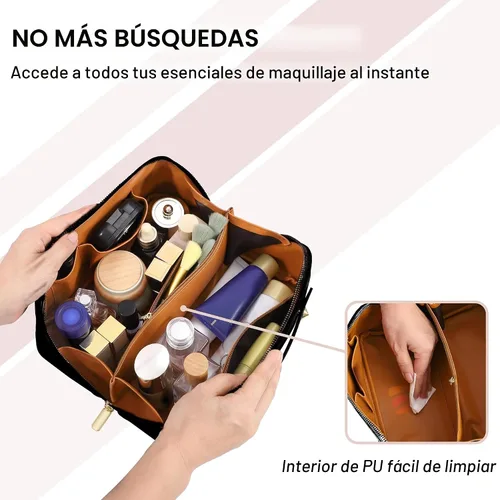 Miniatura 3 de Bolsa de cosméticos de viaje de gran capacidad - Bolsas de maquillaje portátiles para mujeres, impermeable, de cuero PU a cuadros, con organizador