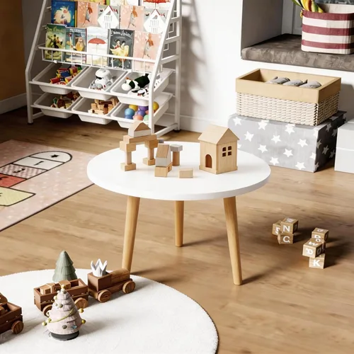 Miniatura 5 de Mesa auxiliar redonda baja con 3 patas resistentes de madera maciza, escritorio de mesa para sentarse en el suelo, 23.6 pulgadas de profundidad x