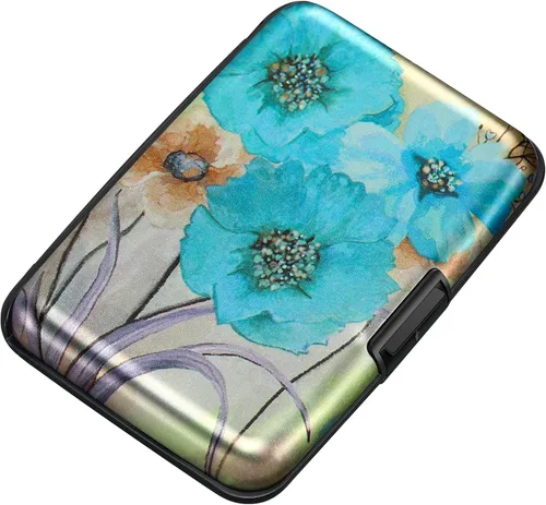 Miniatura 147 de ELFISH Mini cartera de aluminio RFID para tarjetas de crédito, funda de identificación de metal para hombres y mujeres, Happy Flower, Cartera Rfid