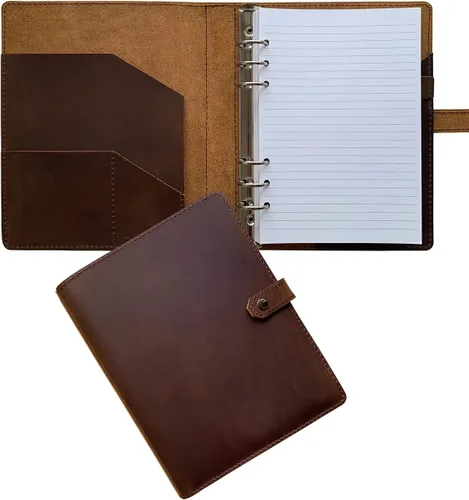 Fan&Ran Diario de cuero recargable con papel rayado, carpeta A5 de 6 anillas, 100 hojas, marrón oscuro